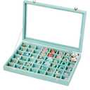 Frebeauty 48 Grid Jewelry Tray,Adjustable Earring Holder Organizer with Glass Lid,Velvet Drawer Jewelry Organizer for Rings,Studs,13.8 x 9.5 x 2 Inches Jewelry Display Box,Gift for Women(Turquoise)