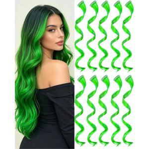 10 PCS Green Hair Extensions, Curly Wavy Synthetic Hairpieces Clip in Rainbow Neon Party Highlights, Colorful Hair Accessories for Women 17 Inch