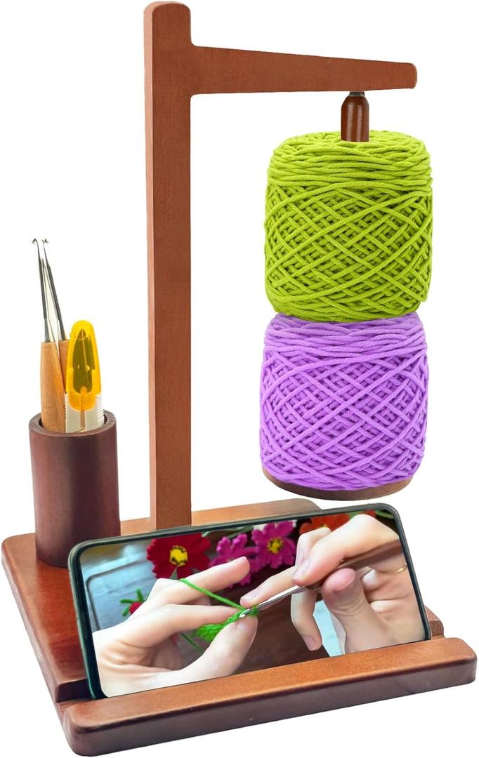 Hobekoee Wooden Yarn Holder for Crocheting and Knitting,Upgrade Magnetic Yarn Holder Spinner with Phone SlotCrochet Storage Cup,360 Rotation Yarn Ball Holder,Crochet Lovers/Ideal Gift (Dark Brown)