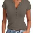 Prettywear Women Short Sleeve Henley Shirts Summer Casual V Neck Fitted Button Up Knit Basic Tops GreyGreen M