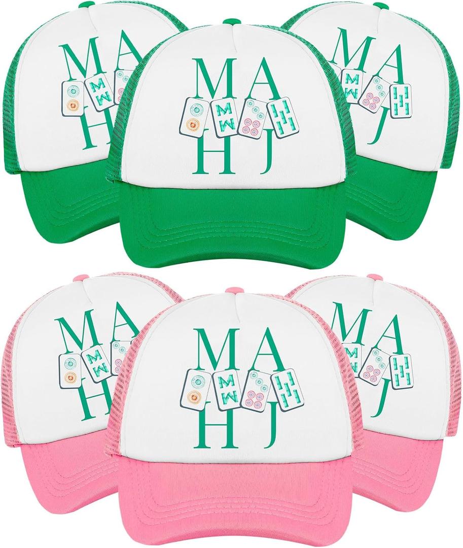 Shyyween 6 Pcs Mahjong Gifts Mah Jong Trucker Hats Adjustable Baseball Cap Gift for Women Men Mahjong Lovers Friends Birthday Green and Pink