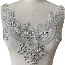 Handmade Rhinestones lace Applique handsewing Beads Trim Patches Neckline for Dress Clothes Accessory (White)
