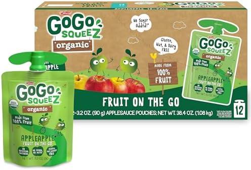 GoGo squeeZ Organic Applesauce and Fruit Puree, Apple Apple, 3.2 oz (Pack of 12), Unsweetened Organic Fruit Snacks for Kids, Gluten Free, Nut Free and Dairy Free, Recloseable Cap, BPA Free Pouches BBD: 6/25/26