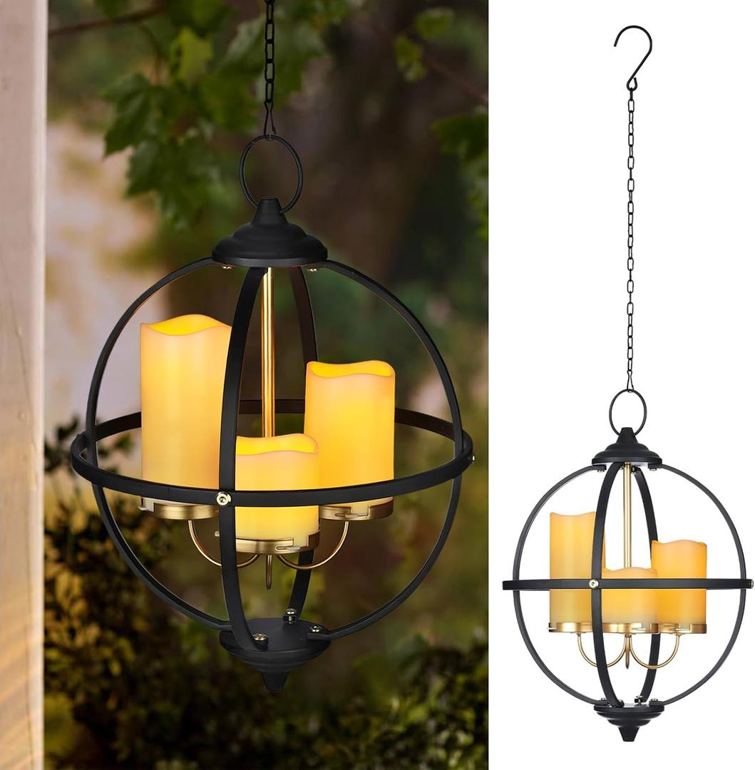 Battery Operated Outdoor Candle Chandelier - Black and Gold Metal Globe Hanging Pendant Light with 3 Flameless Candles, 12.6" Waterproof Lights for Gazebo, Pergola, Garden, Porch & Backyard