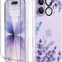 for iPhone 17 Case,[3 in 1] with Screen Protector & Camera Lens Protector, Flower Pattern Design,Clear Soft Shockproof Slim Floral Phone Cover for Women Girls 2025 6.3" (Lavender/Purple)