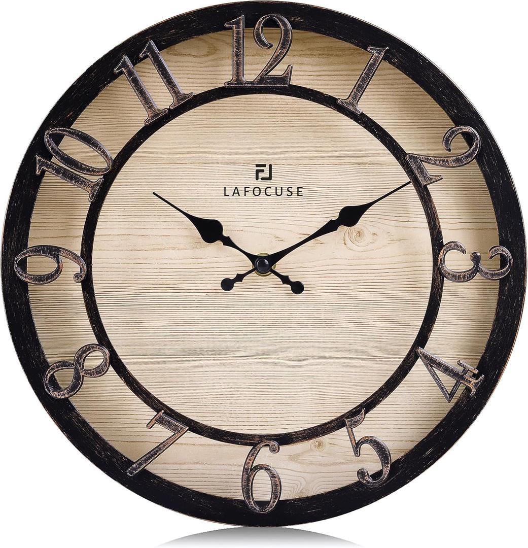 Lafocuse 12 Inch Silent Black Wall Clocks Battery Operated, Farmhouse Wall Clock for Kitchen Living Room, Rustic Home Dcor