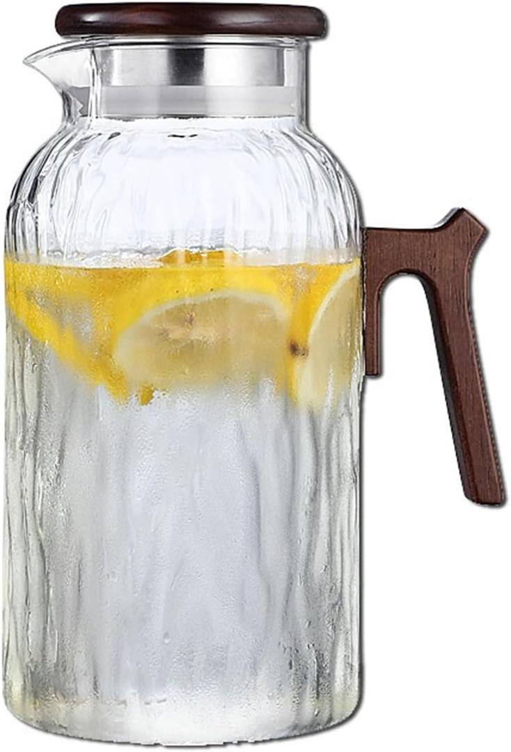 Glass Water Pitcher with Wooden Lid and Handle, Glass Carafe for Hot/Cold Water, Large Iced Tea Pitcher for Coffee, Juice and Homemade Beverage, 1.8 Liter/60oz