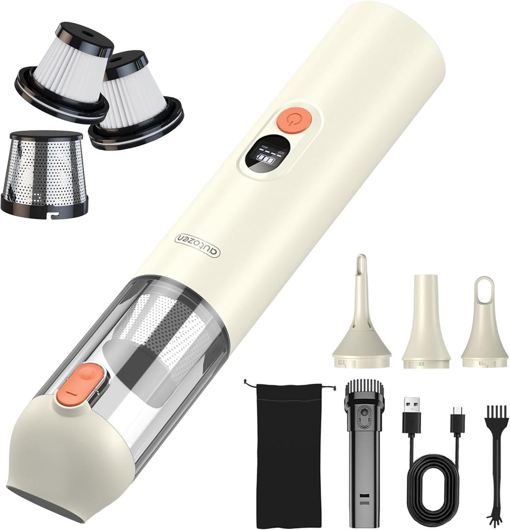 Handheld Vacuum Cordless 15000Pa Powerful Suction, Portable 4-in-1 Car Vacuum Cleaner with LED Display&Light, Multi-Nozzles for Car Interior Home Cleaning, Milk White