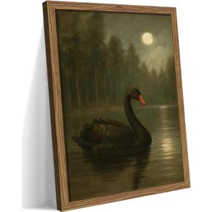 Wood Framed Black Swan Wall Art, Vintage Antique Swan Animal Canvas Wall Decor Paintings, Dark Moody Gothic Rustic Farmhouse Posters Prints Pictures for Living Room Bedroom 16x24 Inch