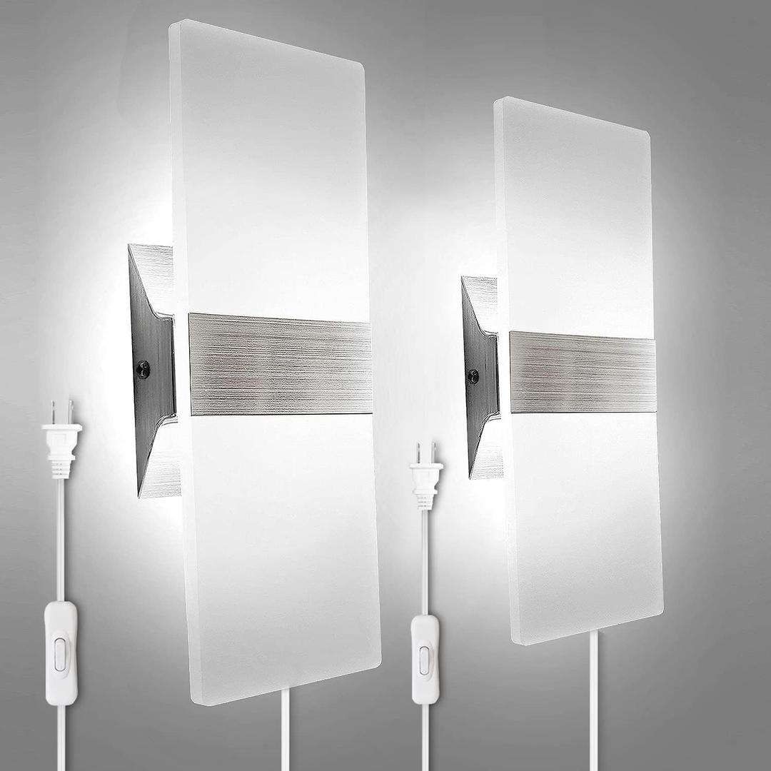 KICAAO Wall Sconces Set of Two, Modern Wall Sconce Plug in 10W 6000K Cool White Acrylic Wall Lights with 6FT/180cm Plug in Cord and On/Off Switch on The Cord (Brushed Silver)