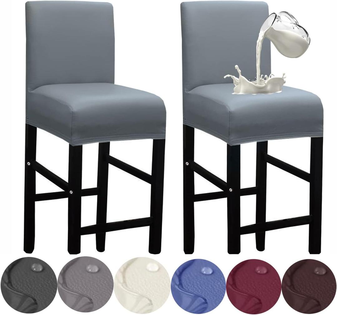 HFCNMY Bar Stool Covers,2 Pack Stretch Waterproof PU Bar Stool Covers with Backs Bar Stool Chair Covers Barstool Covers Slipcovers with Back Pub Counter Stool Chair Covers with Elastic Bands Gray (Grey)
