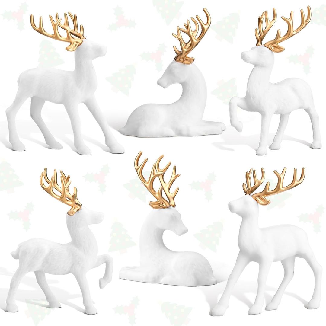 Pinkunn 6 Pcs Christmas Reindeer Decoration Flocking Christmas Reindeer Figurines Sitting Standing Deer Statue Deer Decorations Tabletop Statue for Cabinet Mantel Shelves Home(White)