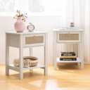 SICOTAS White Nightstand Set of 2,Rattan Decor Drawer with Brass Knobs Night Stand Bedside Table Boho End Tables Side Tables with Storage Shelf for Bedroom,Small Space