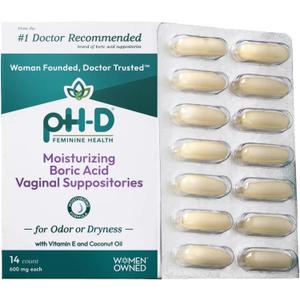 pH-D Feminine Health Support - Boric Acid Moisturizing Suppository - Woman Owned - for Vaginal Odor - Paraben-Free and Cruelty-Free - 14 Count