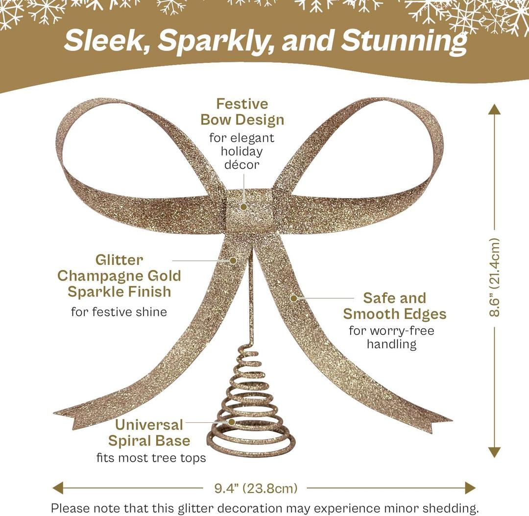 Large Metal Bow Christmas Tree Topper,9.4 Inch Glitter Champagne Gold Tree Topper,Champagne Gold Bow Christmas Tree Decorations for Xmas Home Decor Holiday Party Indoor Outdoor Shop Office