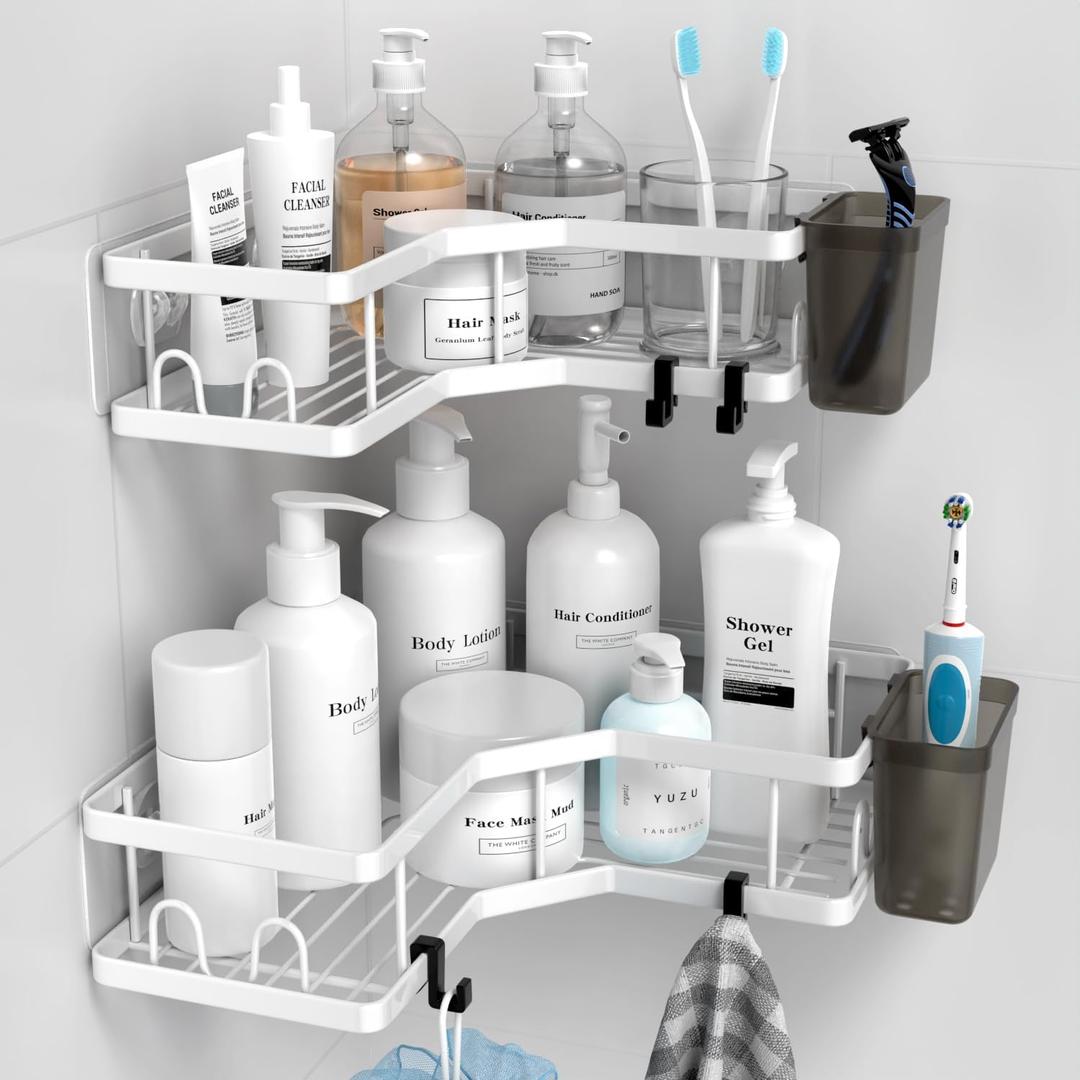 Shower Caddy Corner Organizer Shelf: 2Pack Adhesive Shower Shelf Essentials Accessories - No Drilling Stainless Steel Bathroom Storage Rack with Hooks and Toothpaste Holder (9.6"9.6"2.6", white)