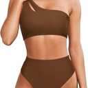 MOOSLOVER Women Cutout One Shoulder High Waisted Bikini High Cut Two Piece Swimsuits (Medium, Coffee)
