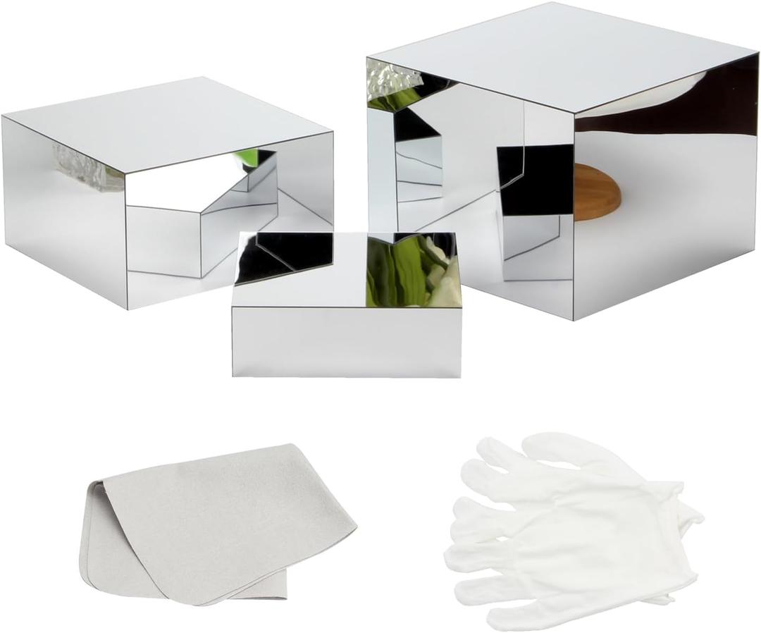 Acrylic Silver Mirror Display Riser, 3 Pcs Glossy Silver Risers for Display Food Display Lifter Nesting Display Risers Hollow Bottom, Acrylic Box Rack Perfume Cosmetics Collection Stand