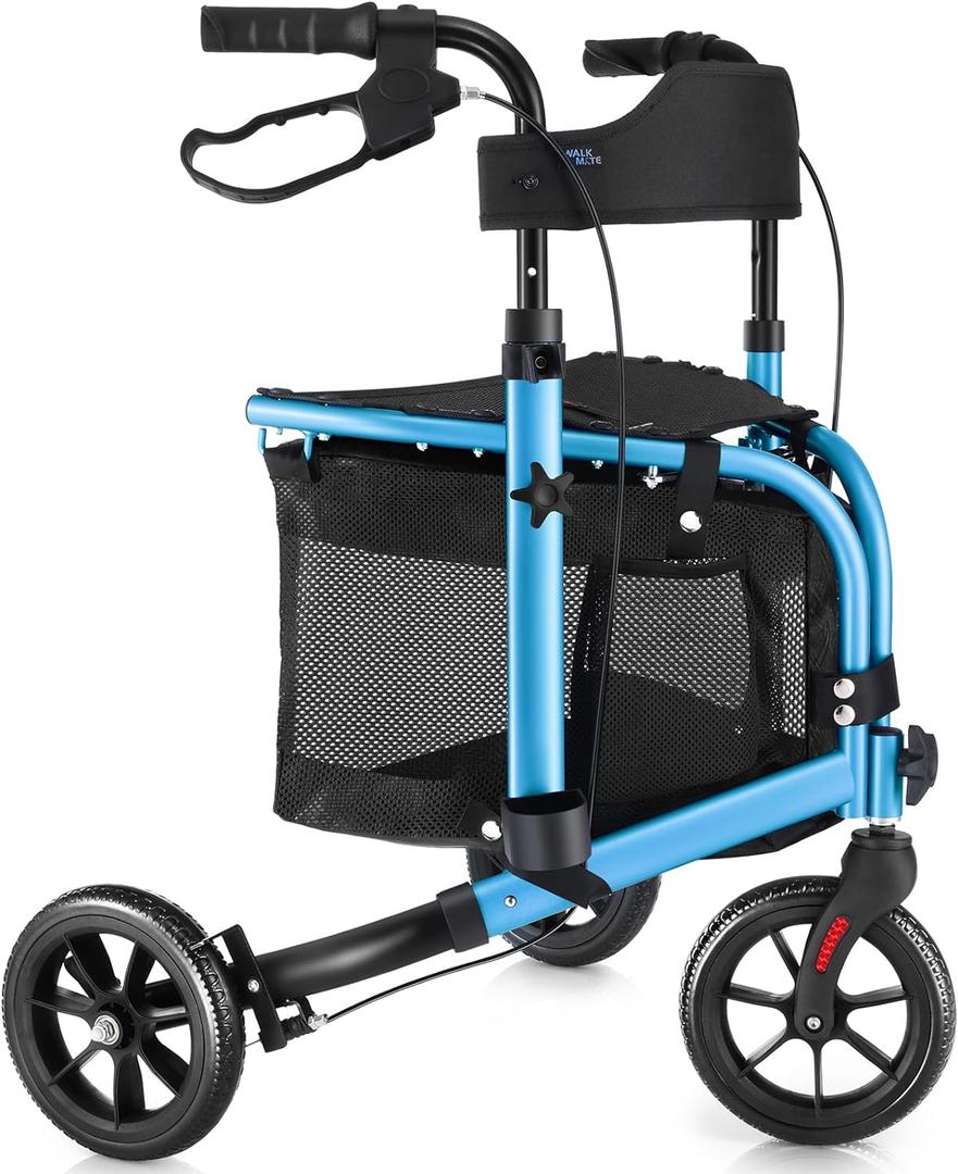 WALK MATE 3 Wheel Rollator Walker with Seat for Slim Seniors, Padded Backrest Lightweight Foldable Walker Ideal for Elderly, 8 Inch Tri-Wheel Modern Mobility Walking Aid Aluminum, Blue