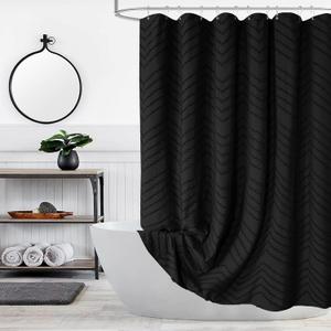 Extra Long Black Boho Shower Curtain 96 Inch Black Tufted Chevron Striped Fabric Shower Curtains for Bathroom Modern Shabby Chic Waterproof Cloth Shower Curtain Set with Hooks