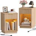 Akxomel Fluted Nightstands Set of 2, Wooden Night Stand with Charging Station and LED Light, Modern Mid Century Bed Side End Table with Drawer, 15" D x 15.7" W x 22.6" H, for Bedroom, Natural Oak