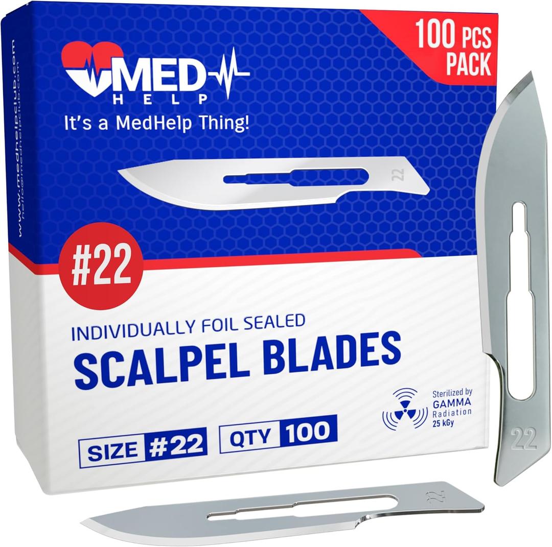 Pack of 100 Disposable Scalpel Blades #22, Size 22 Surgical Blades, High Carbon Steel Dermaplane Blade Tool. Individually Wrapped #22 Scaple Blade, Sterile