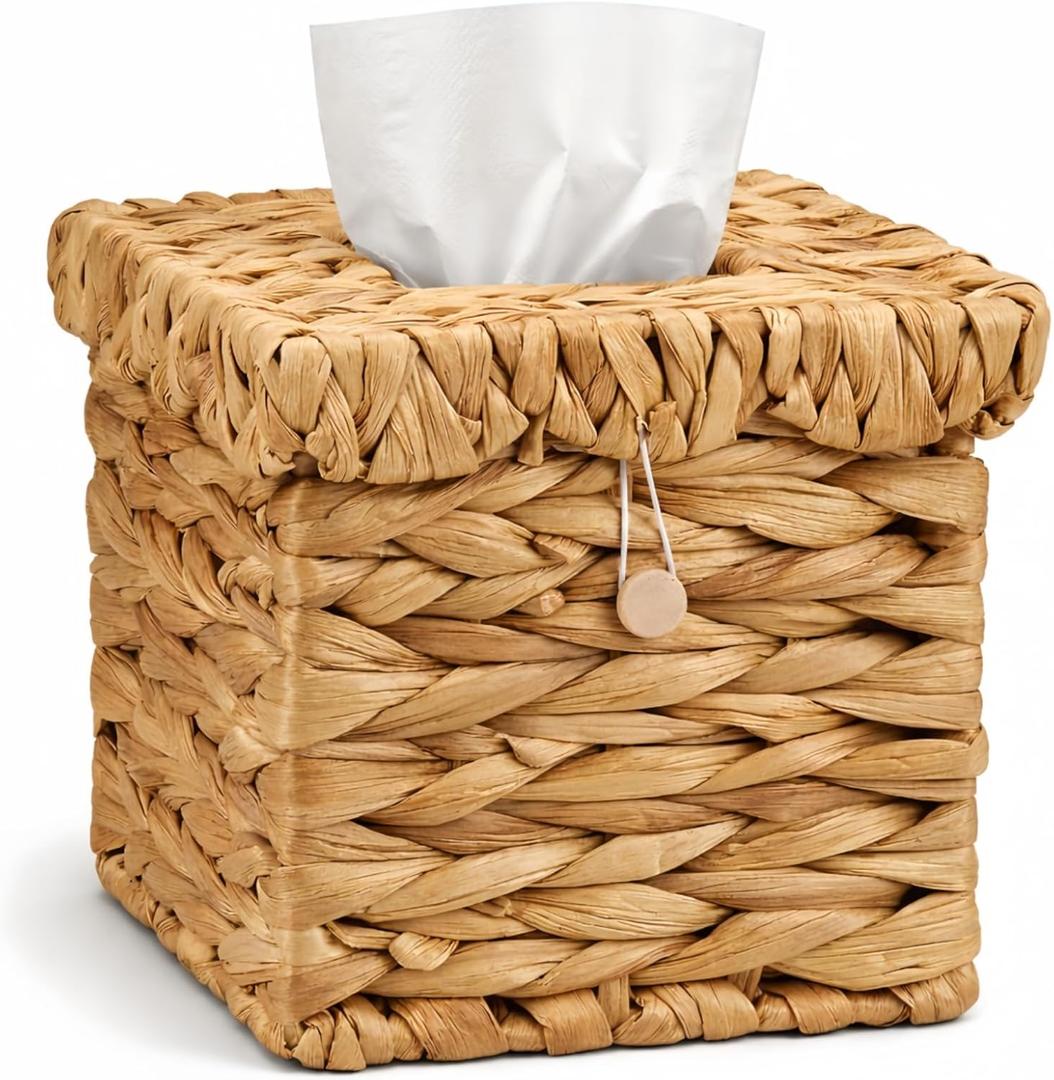 Wicker Tissue Box Cover with Scalloped Lid 6 x 6 x 6 Inch Square Rattan Tissue Box Holder with Turn Over Top for Facial Napkins Boho Decorative Boxes on Table and Bathroom