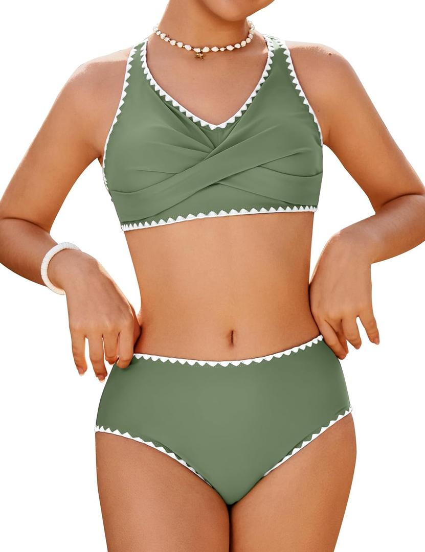 HOZIY Girls Swimsuit Teen Crisscross Tie Back Bikini Sets Two Piece Bathing Suit Kids Swimwear (13-14 Years, Green), 60 - 62 Height (in)