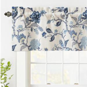 DriftAway Ada Botanical Print Lined Flower Leaf Thermal Insulated Linen Blend Window Valance Rod Pocket 52 Inch by 14 Inch Plus 1.75 Inch Header Navy 1 Pack