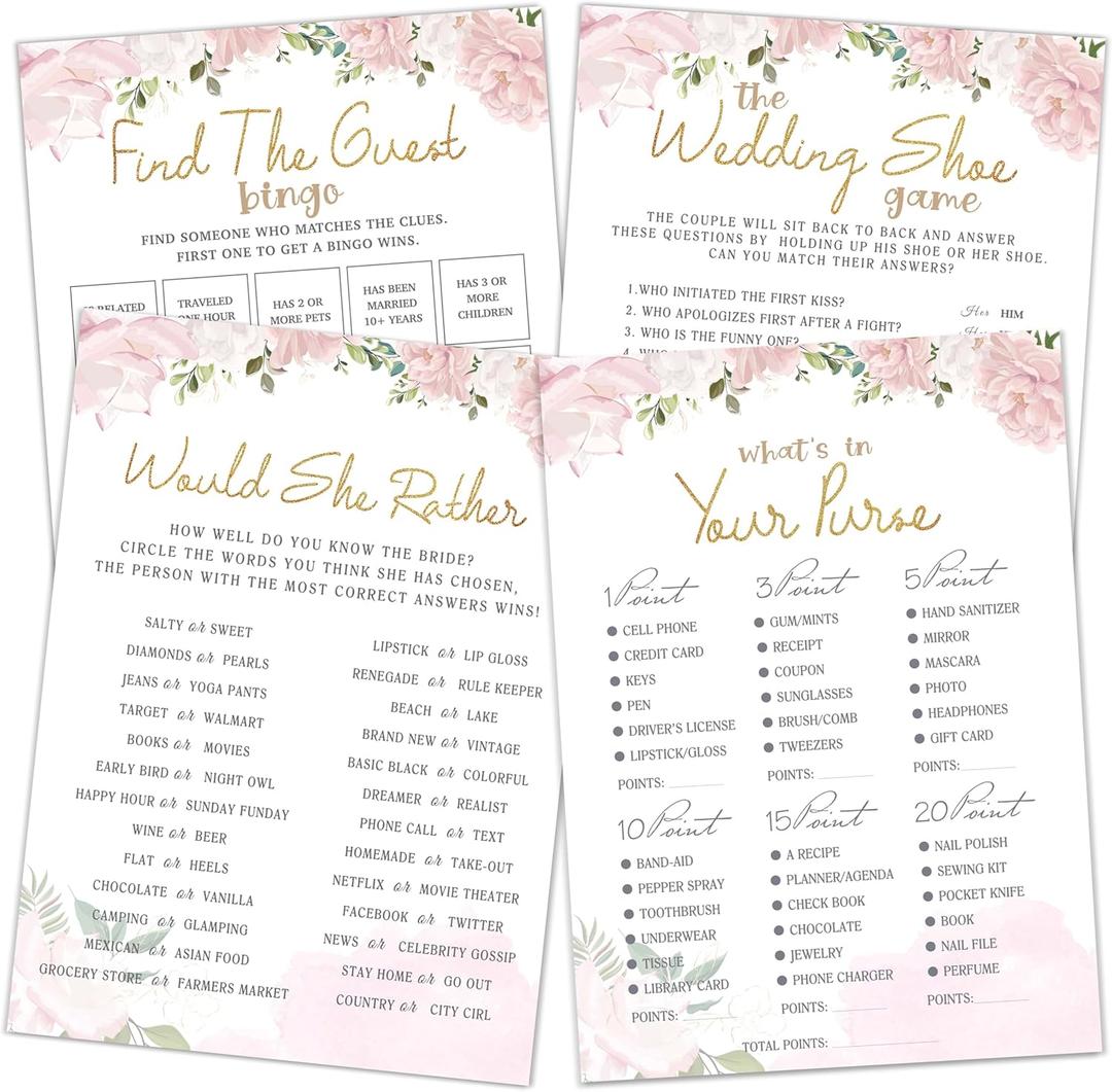 Bridal Shower Games Set, Floral Wedding Shower Game Cards, Hilarious Bridal Shower Party Supplies for Bride Groom, 50 Double-Sided Cards for 25 Guests, Funny Bachelorette Party Games Ideas -01