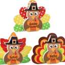 3Pcs Thanksgiving Decorations for Home Turkey Wooden Block Sign Harvest Day Fall Decor Indoor Fall Tiered Tray Decor Turkey Ornament for Autumn Table Centerpiece (Large)