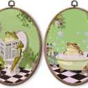 Hxlac Funny Bathroom Frog Oval Wall Art Framed Set of 2, Funky Frog in Bath Oval Wall Decor, Eclectic Animal Bathroom Hanging Canvas Prints Wall Sculptures for Home Living Room Decor, 8.5x11.5 Inch