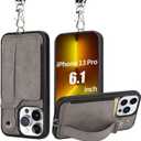 TOOVREN iPhone 13 Pro Case with Card Holder Wallet Case with Leather Kickstand Hand Strap, Adjustable Detachable iPhone Lanyard Protective Cover for Apple iPhone 13 Pro 6.1" (Gray)