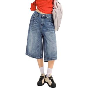 EMMIOL Machine Wash Y2K Jorts Women Wide Leg Baggy Long Jean Shorts Loose Fit Grunge Bermuda Denim Shorts, size 6