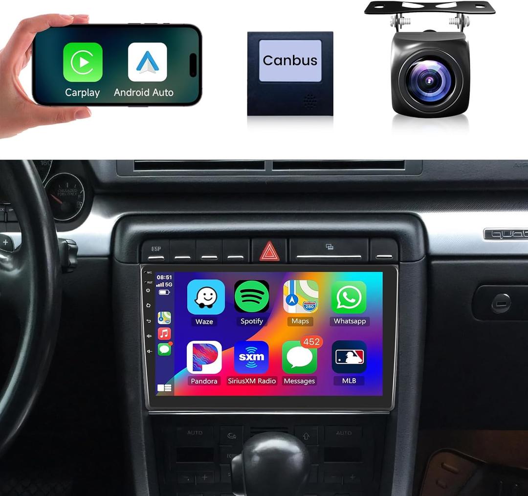 2+64G Android Car Radio Stereo for Audi A4/S4/RS4 (2002-2007) Seat Exeo (2008-2012) with Wireless Carplay Android Auto, 9 Touch Screen Mirror Link WiFi GPS Bluetooth FM RDS EQ Backup Camera SWC