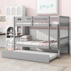 Bellemave Twin Over Twin Bunk Bed with Trundle, Solid Rubber Wood Frame, Convertible into 2 Twin Size Beds, Gray (Grey), Box 1 of 2