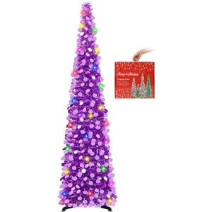 MACTING Christmas Pop up Tree with 50 LED Lights Timer 5FT Collapsible Tinsel Pencil Tree Easy-Assembly Coastal Glitter Artificial Tree for Porch Apartment Corner Halloween Xmas Decor,Light Purple