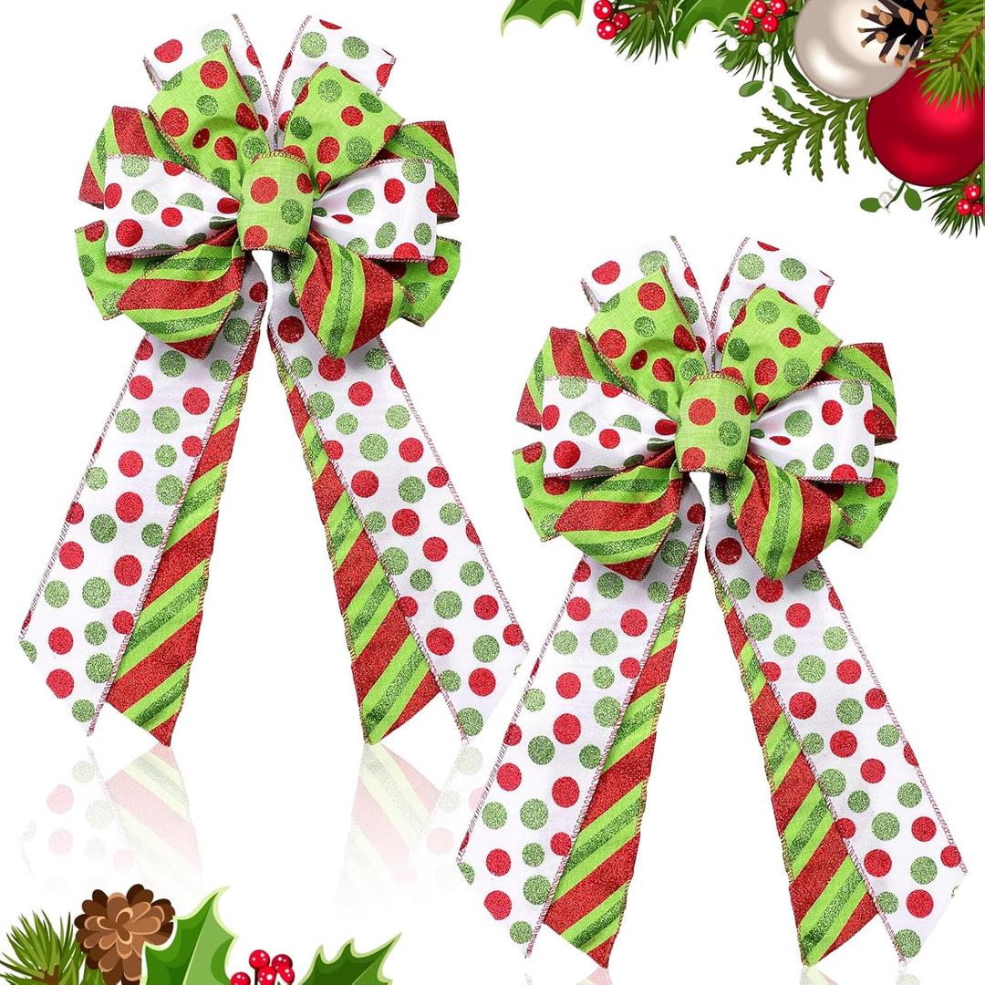 Crowye 2 Pcs Christmas Wreath Bows 10 x 18 Inch Large Christmas Tree Topper Bow Xmas Tree Glitter Dot Bows Ribbons Ornaments for Xmas Outdoor Home Party Ornament Decoration(Classic Color)