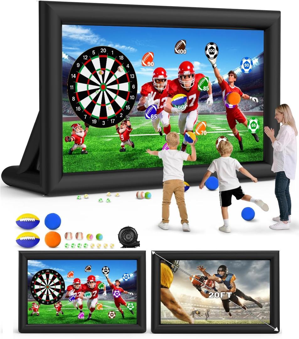 3-in-1 20FT Inflatable Projector Screen - Outdoor Movie Screen, Dart Board and Football Target with 250W Blower, Front/Rear Screen for Celebration & Outside Movie Night
