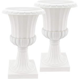 Arcadia Garden Products Plastic Garden Pedestal Urn, Set of 2 Classic Decorative Garden Pot Planter for Indoor and Outdoor Plants, 10 x 17, White