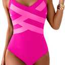 One Piece Swimsuit for Women Modest Full Coverage Bathing Suit Slimming Color Block V Neck Swimwear (Small, Hot Pink)