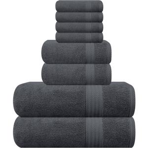 GLAMBURG Ultra Soft 8-Piece Towel Set - 100% Pure Ringspun Cotton, Contains 2 Oversized Bath Towels 27x54, Hand 16x28, 4 Wash Cloths 13x13 Ideal for Everyday use, Hotel & Spa -Charcoal Grey