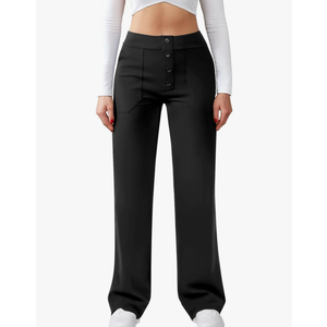 Womens Casual High Waist Straight Leg Pants Stretchy Button Business Dress Work Pocket Trousers,XL