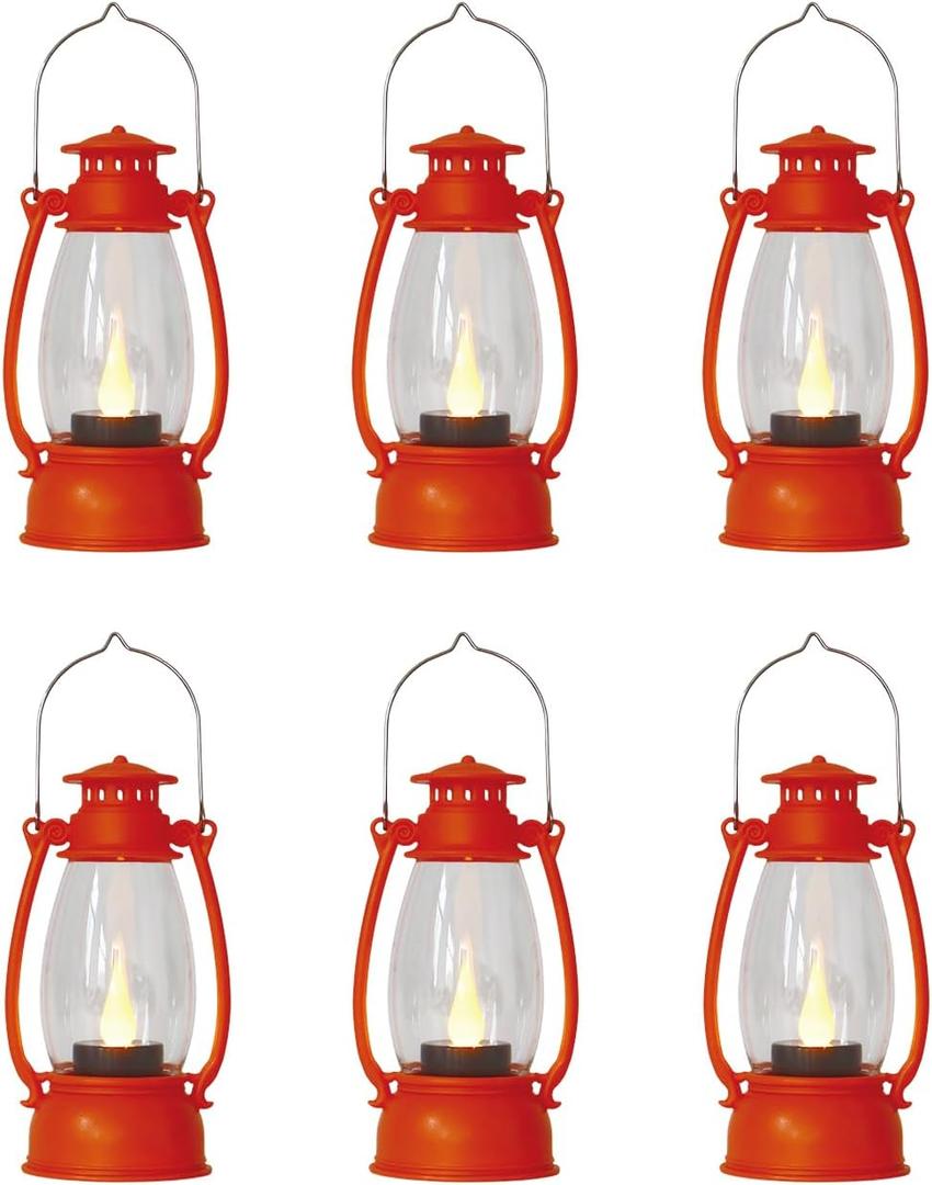 Orange Mini Lanterns Decorative 6-Pcs for Fall Halloween Thanksgiving Decoration, Small Western Lantern with LED Flickering Candle for Cowboy Camping Christmas Wedding Decor, Centerpiece Table