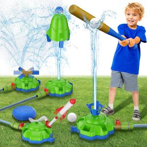 4-in-1 Water Sprinkler for Kids, Water Outdoor Baseball Rocket Launcher Toy with Water Sprinkler Baseball Toy, Outdoor Sprinkler for Summer Backyard Lawn Pool Party for Kids Ages 3-8 (Green)