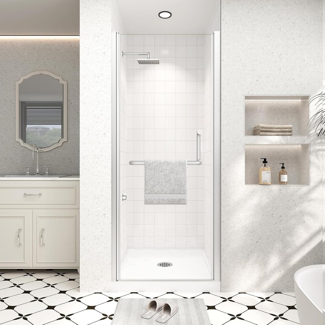 Frameless Pivot Shower Door 28"-30" Wx72 H,1/4"(6mm) Clear Nano Coated (SGCC) Tempered Glass,Reversible Swing Shower Door for Walk-in Shower,Modern Brushed Nickel Finish