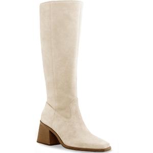 Coutgo Women's Knee High Boots Wide Calf Square Toe Chunky Heeled Pull-on Boot (Beige)