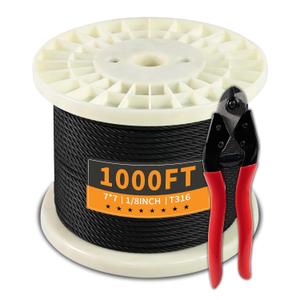 1000FT 1/8" Stainless Steel Cable Black 7x7 Strands Aircraft Cable T316 Wire Rope with Cable Cutter 1800lbs Breaking Strength Metal Wire Cable for Deck Cable Railing, Stair, Fence, DIY Balustrades