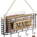 SRIWATANA Mail Holder, Rustic Mail Organizer Wall Mount Hanging Mail Sorter Letter Basket with 5 Key Holder for Wall, Large, Carbonized Black