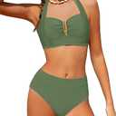 Girls Swimsuit Girls Bathing Suits Size 8-10 Halter 2 Piece Bikini Set V-Neck Cutout Solid Bathing Suit Padded High Waisted Swimwear Girl Size 10 Swimsuit Green
